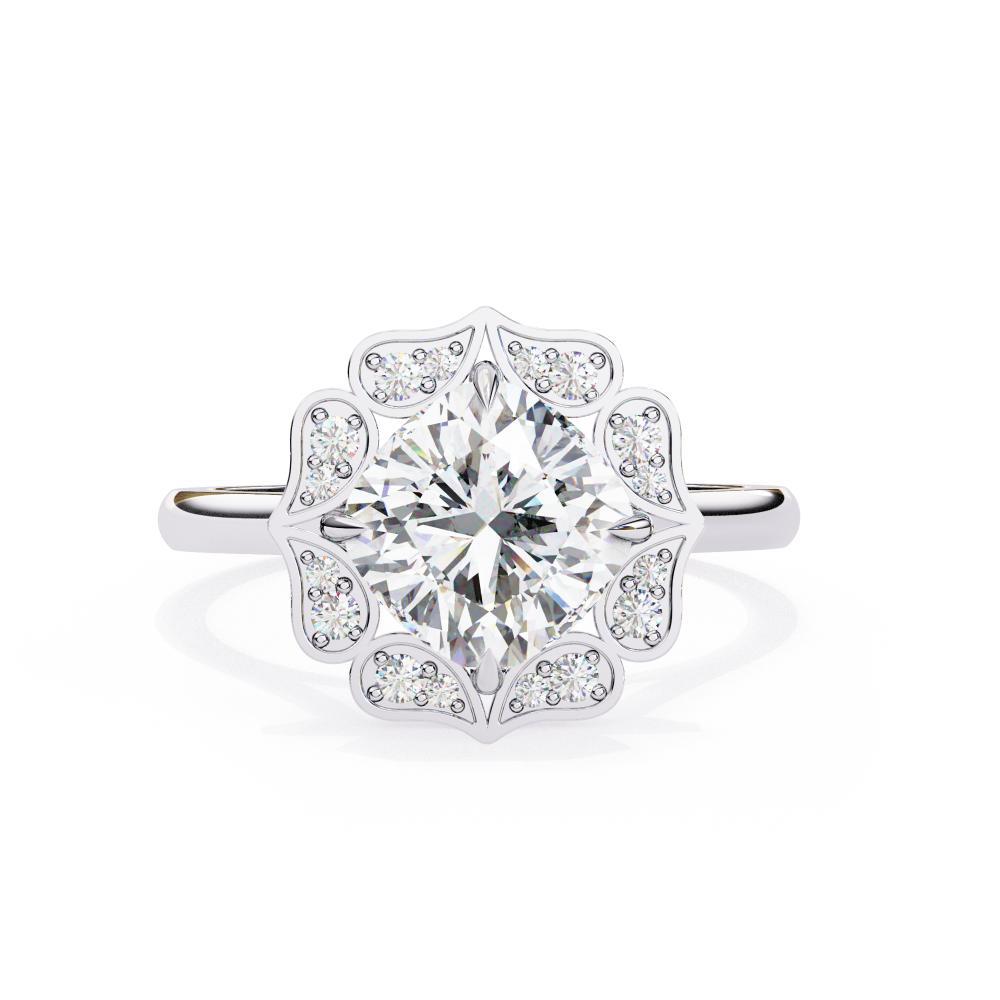 The Samantha Cushion Floral Vintage Halo Engagement Ring