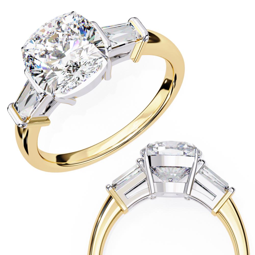 The Amira Cushion with Baguette Three Stone Engagement Ring