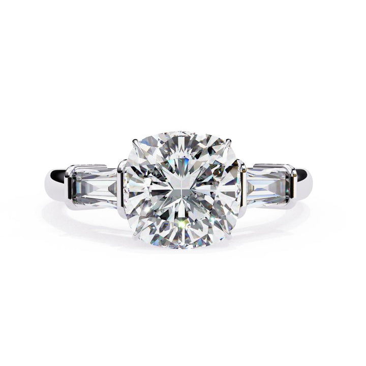 The Amira Cushion with Baguette Three Stone Engagement Ring