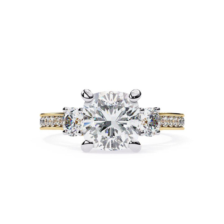 The Stray Cushion Three Stone with Studded Shank Engagement Ring