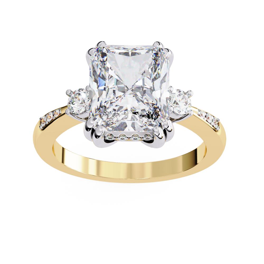 The Mary Radiant Hidden Halo with Three Stone Engagement ring