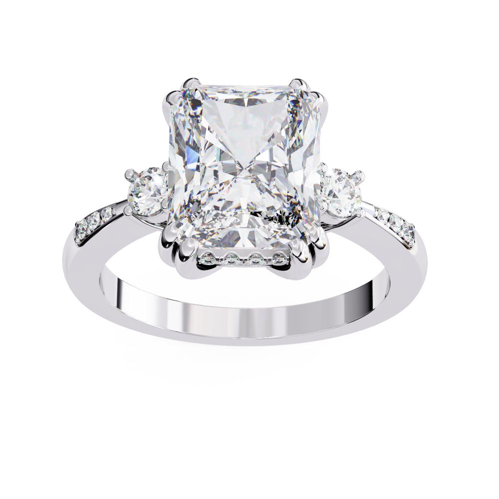 The Mary Radiant Hidden Halo with Three Stone Engagement ring