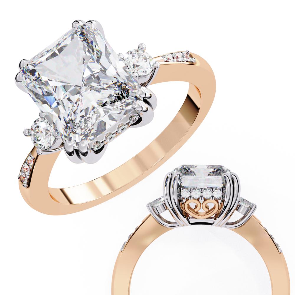 The Mary Radiant Hidden Halo with Three Stone Engagement ring