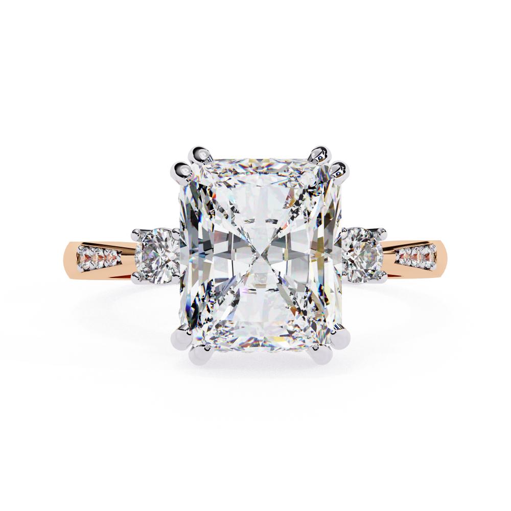 The Mary Radiant Hidden Halo with Three Stone Engagement ring