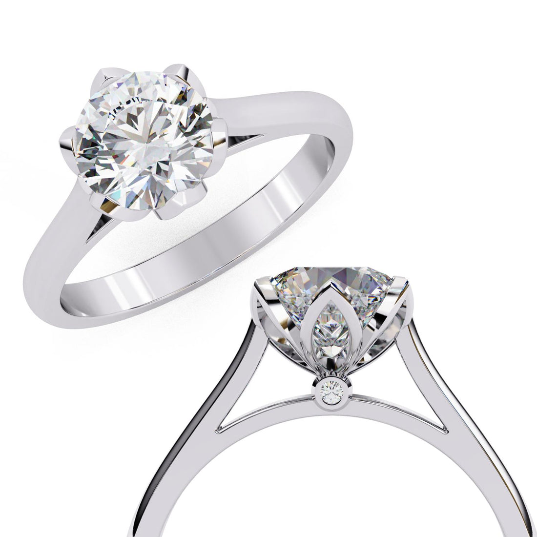 The Kevin Round Cathedral Flower Prong Engagement Ring