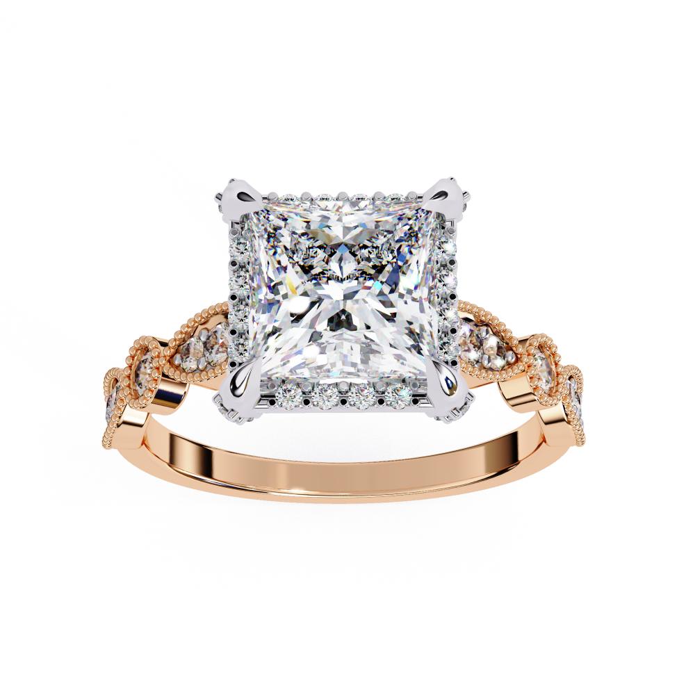 The Alicia Princess Modern Halo with Milgrain Engagement Ring