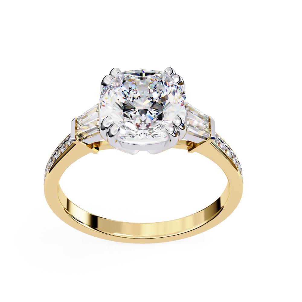 The Justin Cushion Double Claw Prong Three Stone Engagement ring