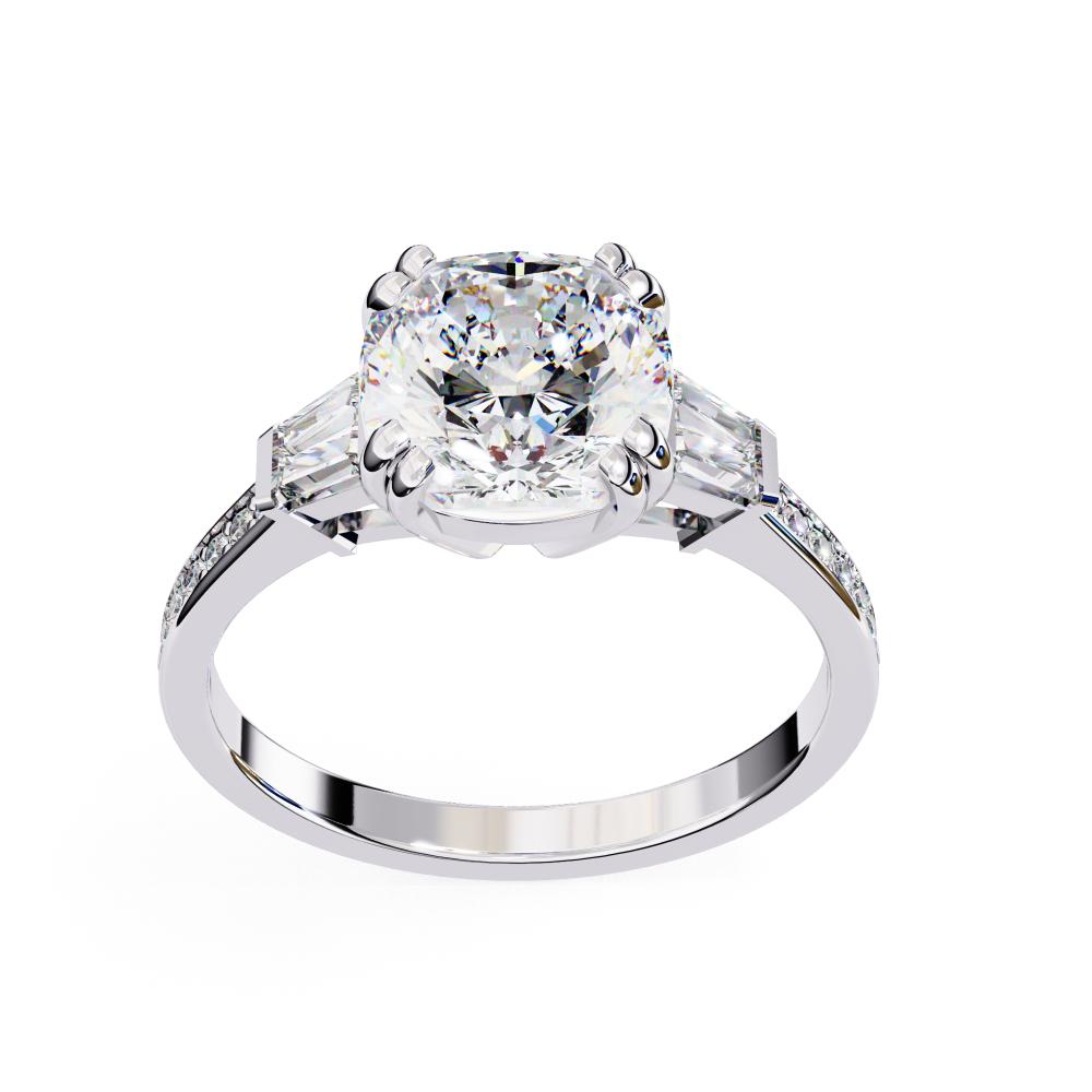 The Justin Cushion Double Claw Prong Three Stone Engagement ring