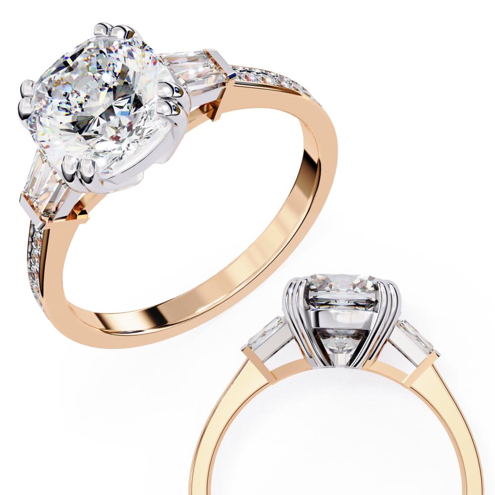 The Justin Cushion Double Claw Prong Three Stone Engagement ring