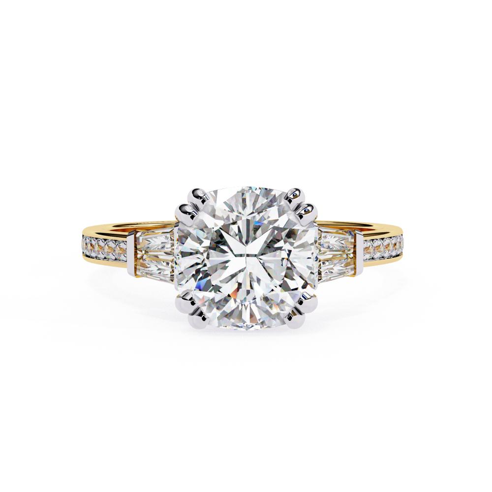 The Justin Cushion Double Claw Prong Three Stone Engagement ring