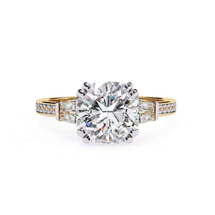 The Justin Cushion Double Claw Prong Three Stone Engagement Ring