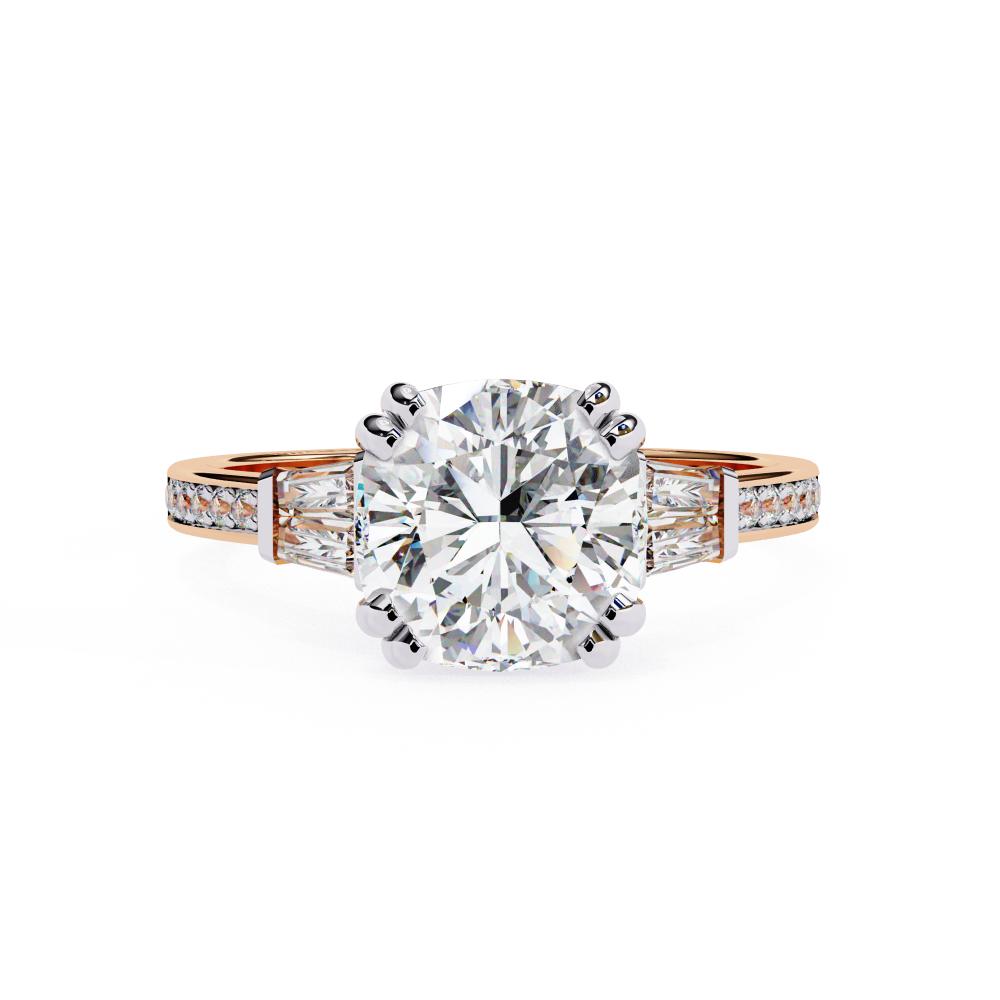 The Justin Cushion Double Claw Prong Three Stone Engagement ring