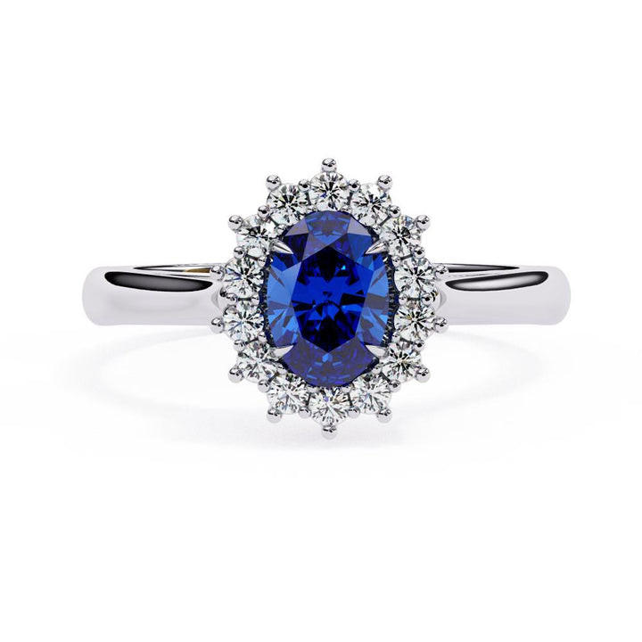 The Adams Blue Oval  With Vintage Halo Engagement Ring