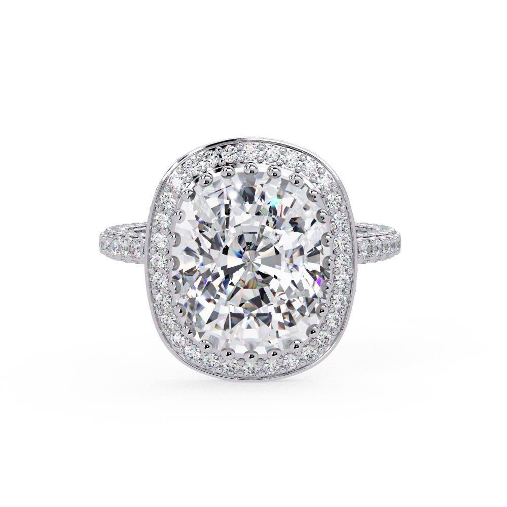 The Kallie Elongated Cushion Halo With 3 side Micropave Shank Engagement Ring