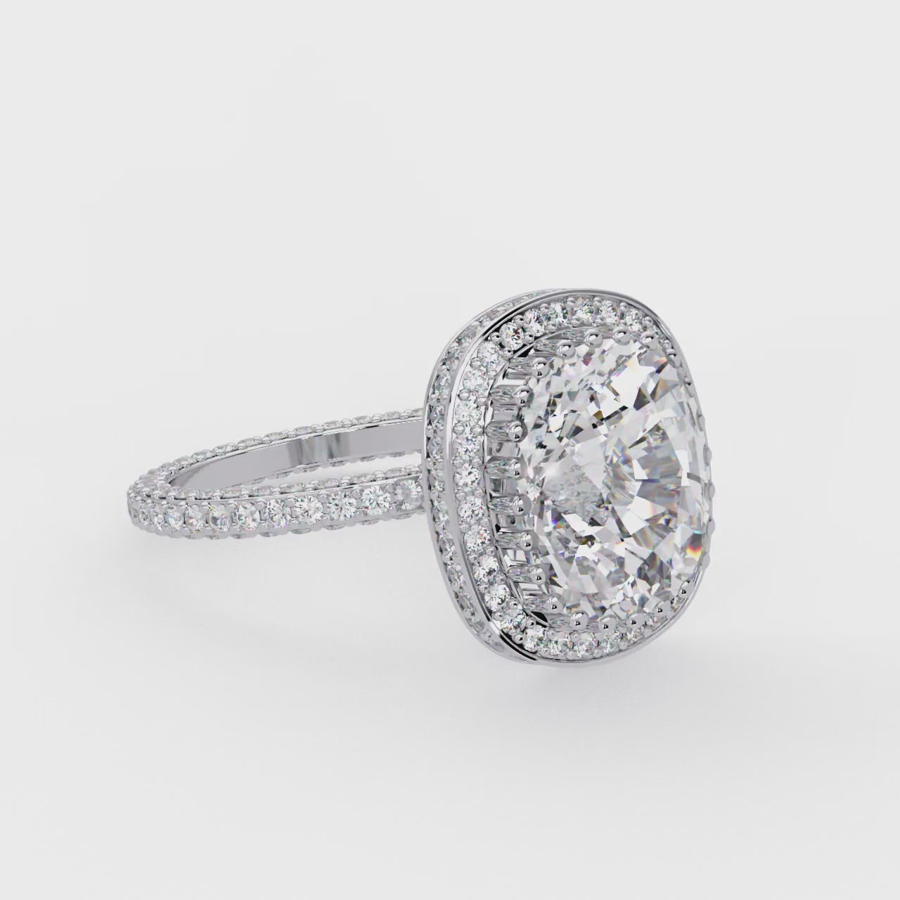 The Kallie Elongated Cushion Halo With 3 side Micropave Shank Engagement Ring